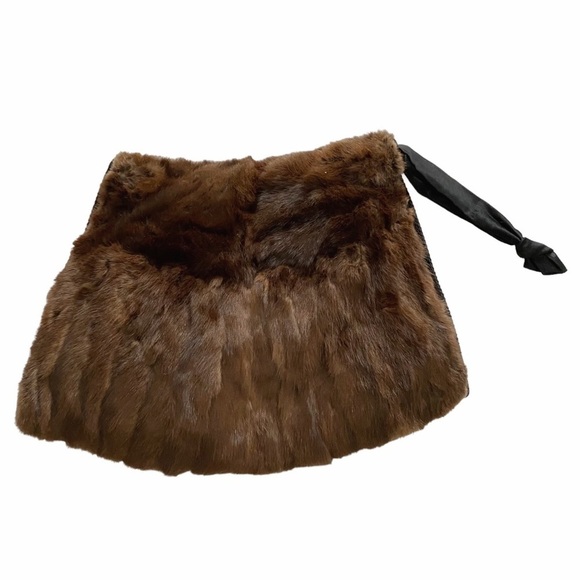 VINTAGE HAND CRAFTED BROWN FUR BLACK EMBROIDERED MUFF HAND WARMER POUCH - OS - Picture 1 of 9